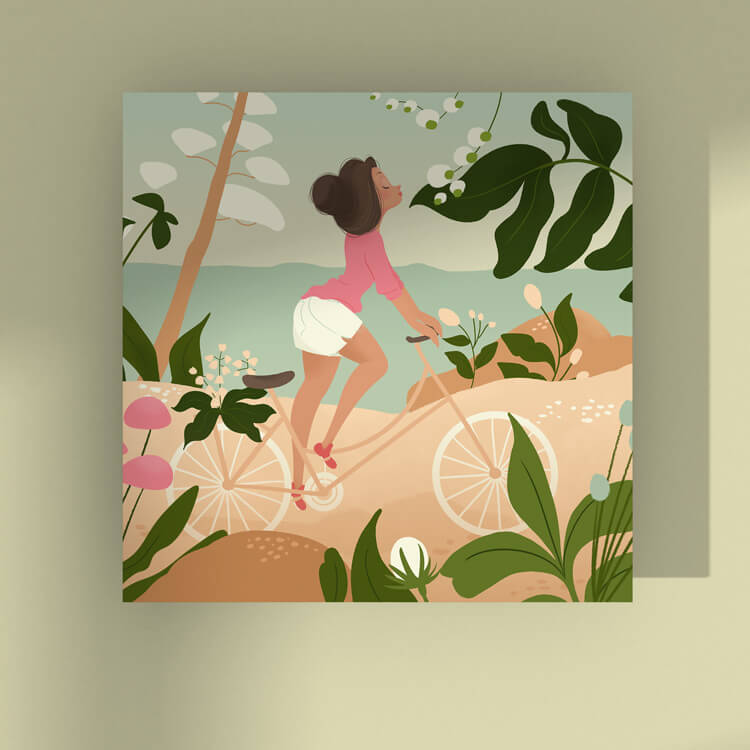 Impresión de una chica paseando en bicicleta