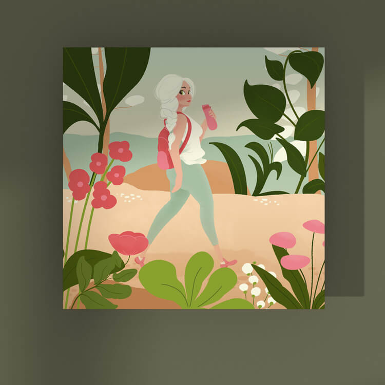 Ilustración de una chica paseando por el campo